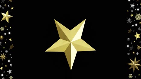 animation of gold star spinning over christmas decorations on black background