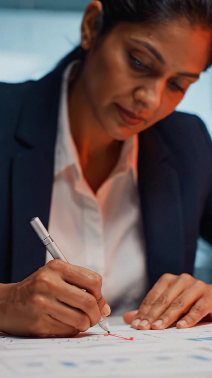 Empresária Profissional Analisando Tendências e Estratégias de Dados Enquanto Trabalha em Documentos Financeiros Importantes em um Ambiente de Escritório Moderno