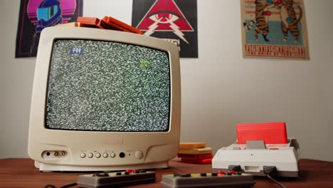 retro gaming setup with old tv and nintendo entertainment system
