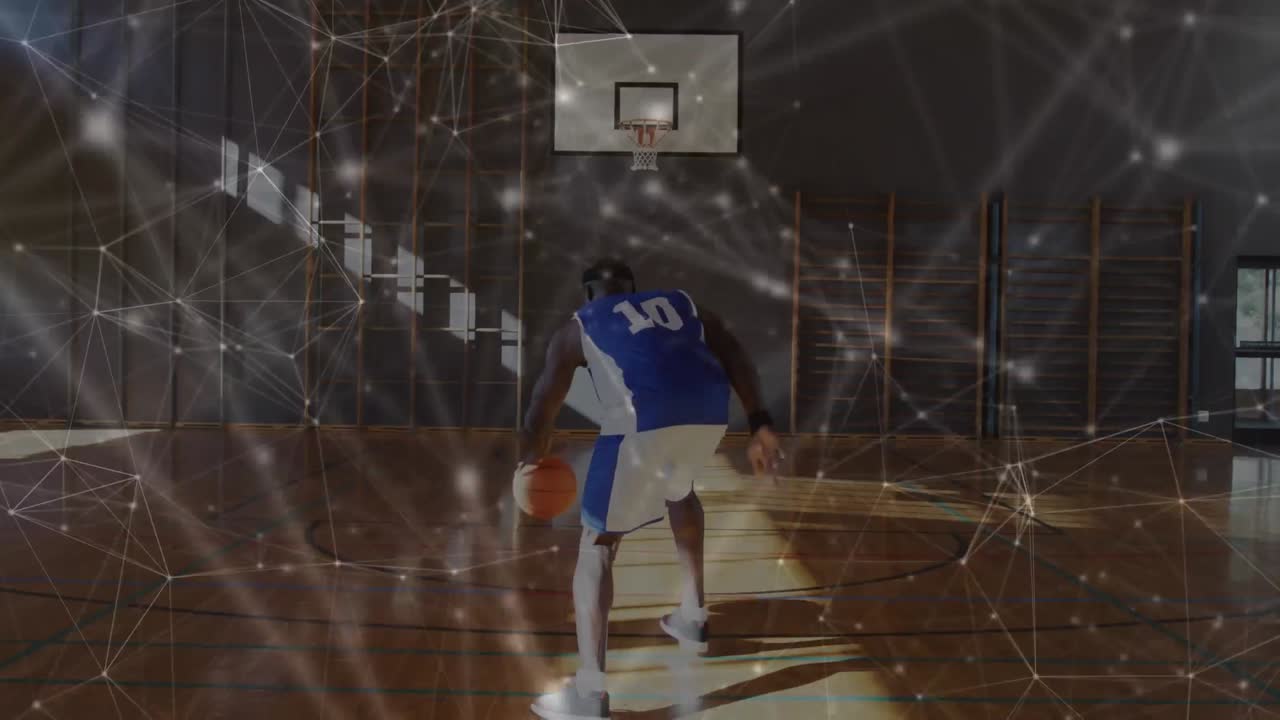 animación de la red de conexiones sobre el jugador de baloncesto afroamericano