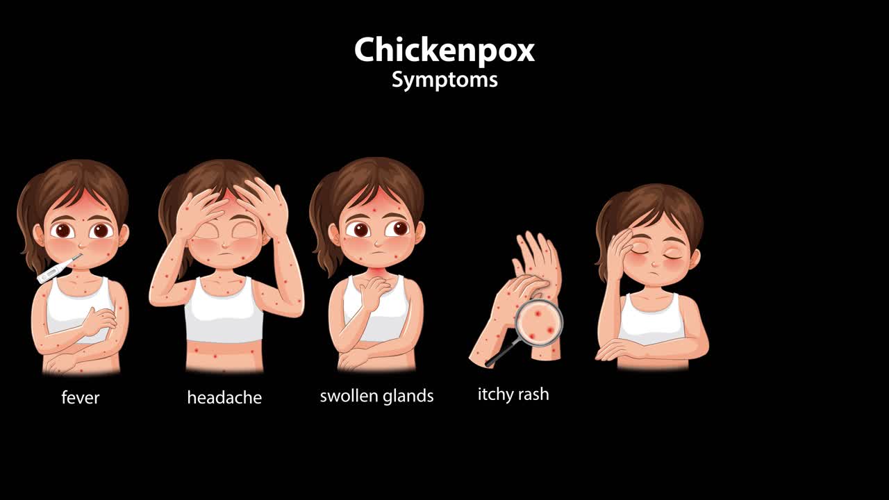 Cartoon girl demonstrates chickenpox symptoms with clear labels, black background, smooth sequential animation