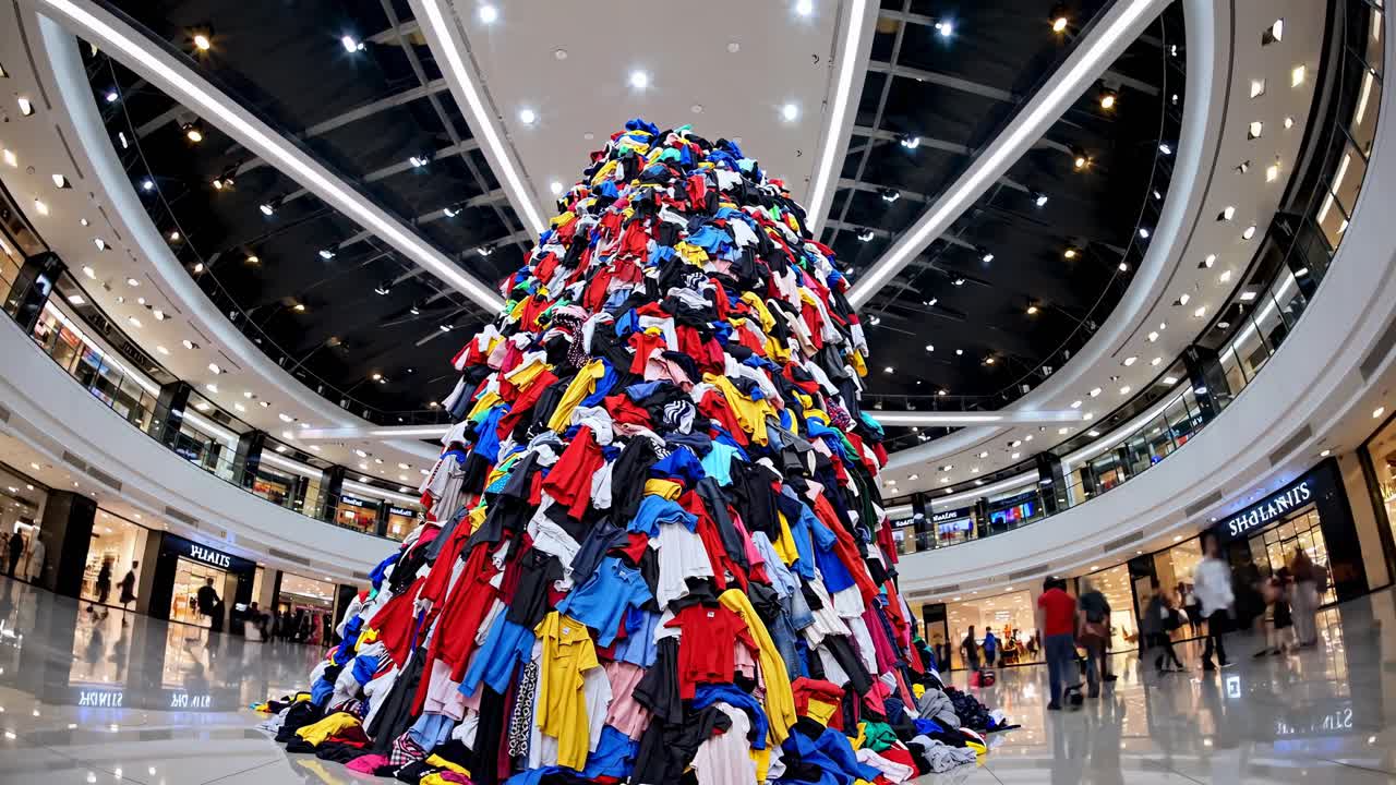 A massive pile of colorful clothes in a shopping mall. Clothes of various colors and styles
