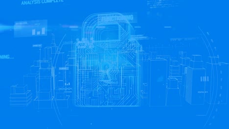 virtual buildings in a city and a digital lock with program codes
