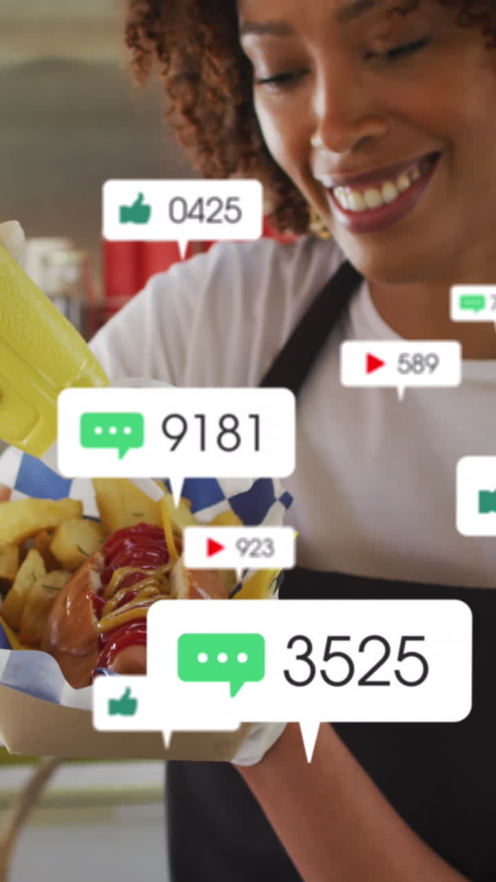 animación de iconos de los medios sobre una mujer afroamericana preparando un perrito caliente