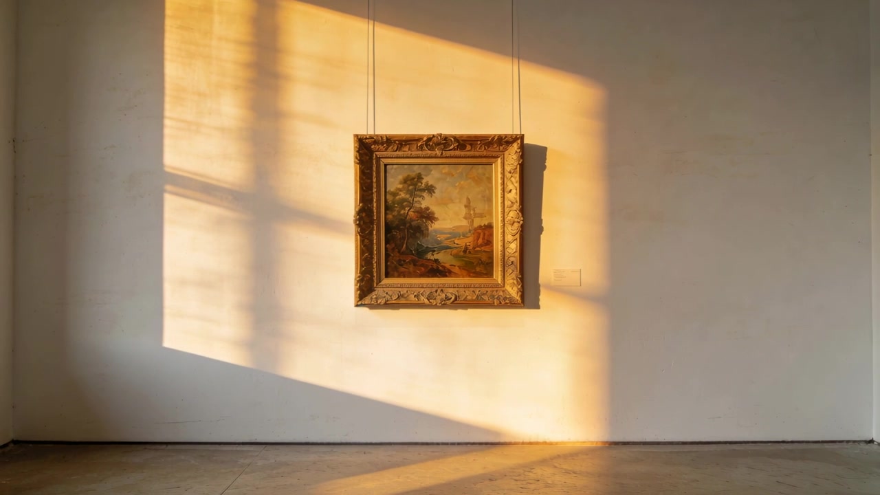 Sole che si sposta attraverso la finestra sinistra muovendosi sulla parete, proiettando ombre di montanti, illuminando un dipinto dorato