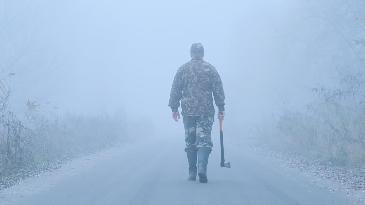 A Murderer With A Bloody Ax On A Forest Road Stands In The Light Of Car Headlights Creepy Crime Scen