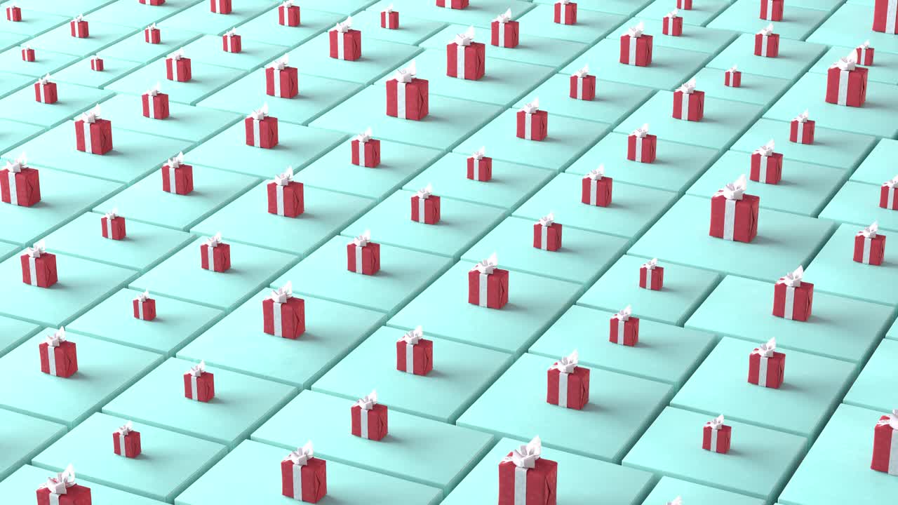 많은 빨간 선물 상자. 발렌타인 데이, 크리스마스 또는 축제. 3d 애니메이션 루프