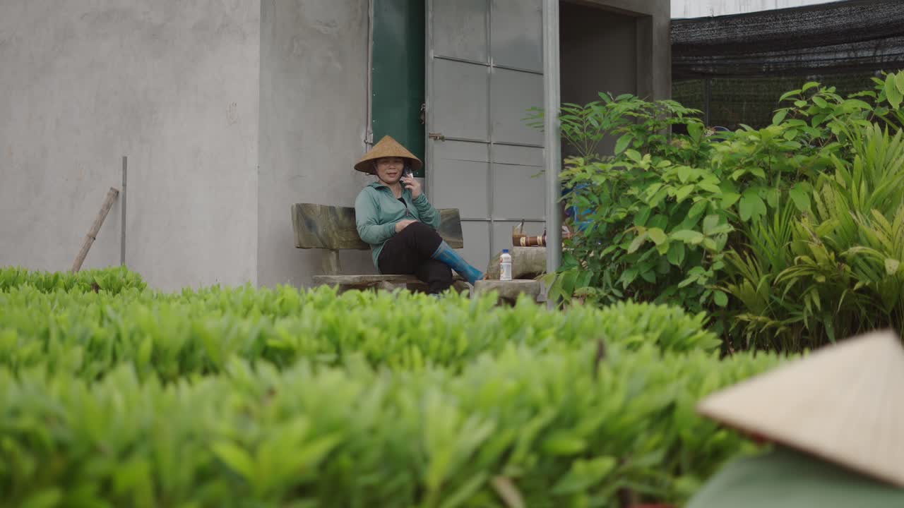 Vietnamese Woman Farmer Using Phone in Plantation