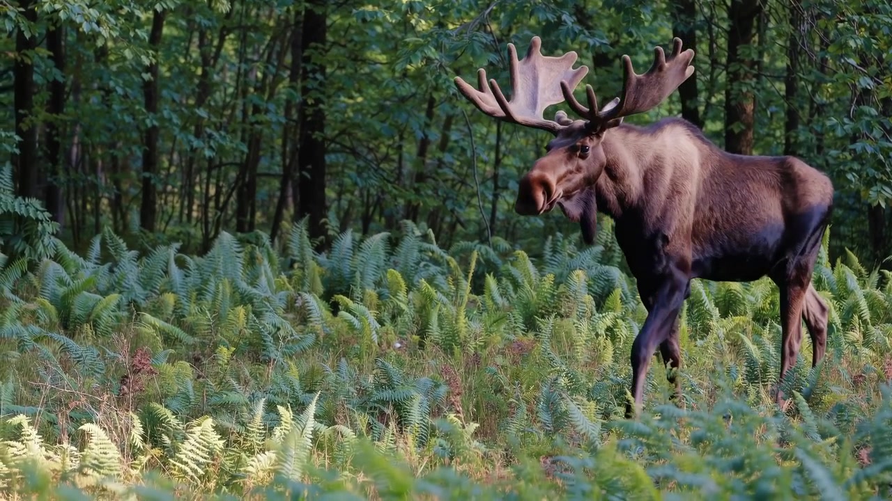 Large Bull Moose Walking Through a Lush Green Forest