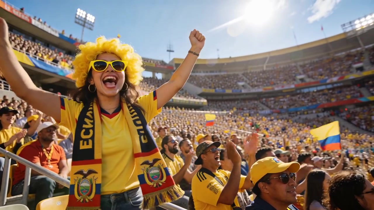 Aficionado animando con peluca amarilla y camiseta, levantando los brazos y agitando una bufanda tras un gol en el estadio, con espacio para texto.