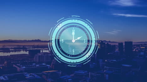 animation of neon ticking clock icon against aerial view of cityscape during sunset