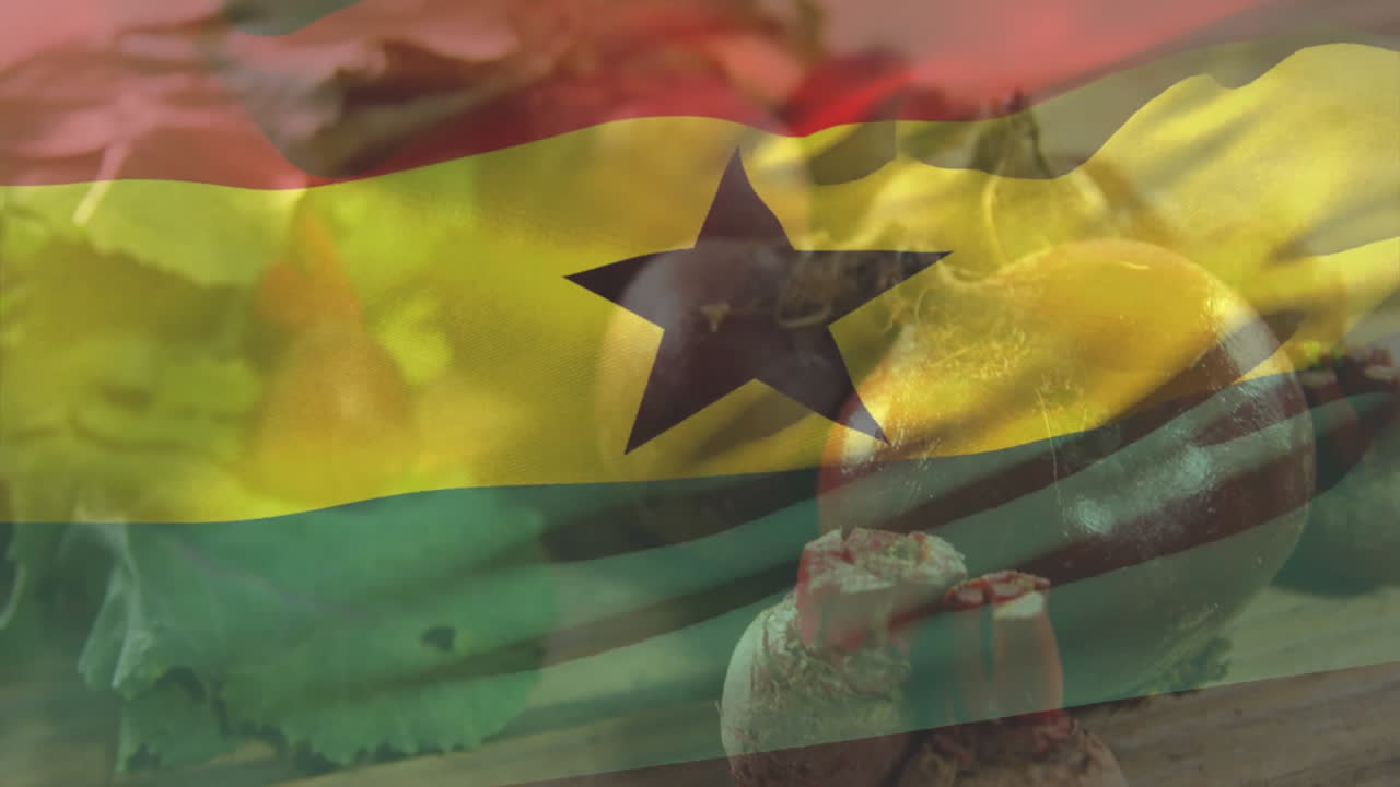 Ghana flag overlaying traditional spices and vegetables on wooden table surface