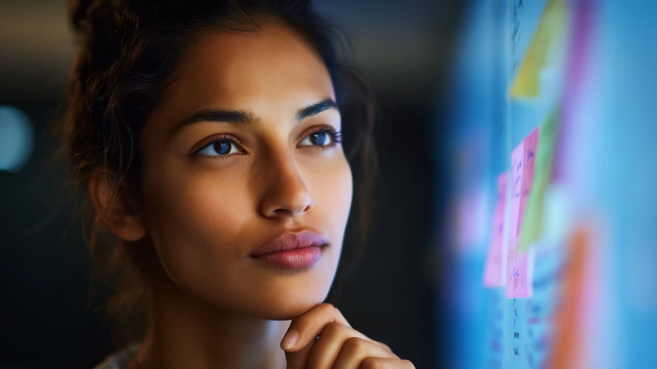 A thoughtful woman engaged in deep contemplation, examining colorful sticky notes on a wall, reflecting the essence of creativity, focus, and insight in a modern environment filled with ideas and inspiration