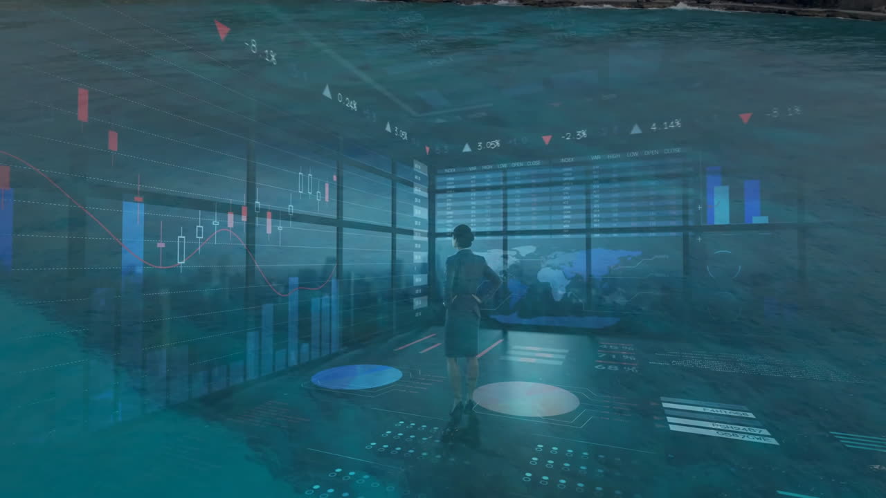 Analyzing financial data and graphs, person using animation with ocean background