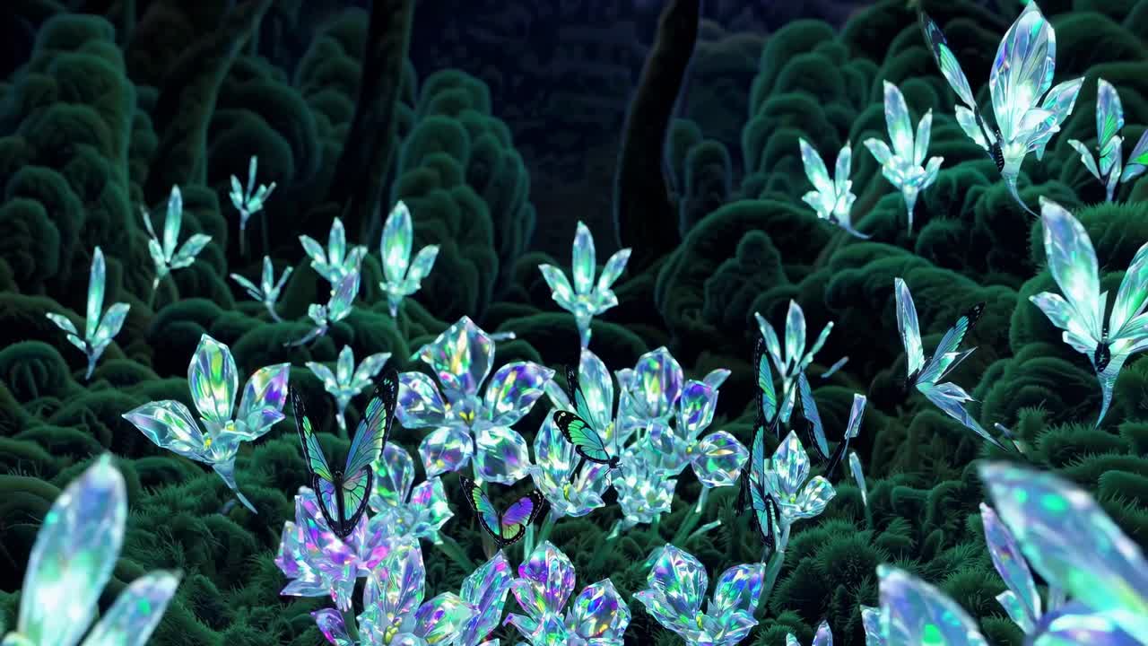A mesmerizing video scene of glowing crystal flowers and butterflies, captured from a low angle