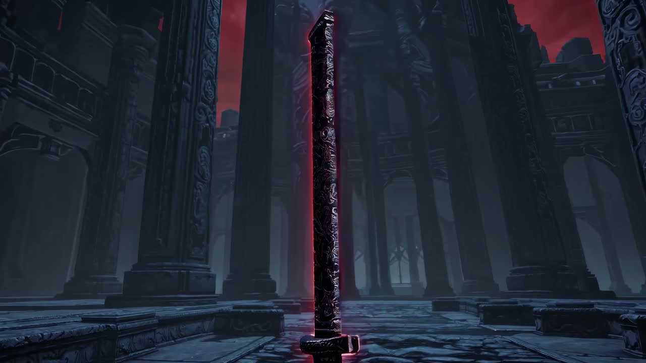 Glowing Ancient Sword in a Dark Temple