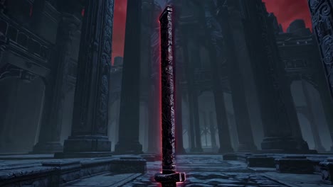 glowing ancient sword in a dark temple