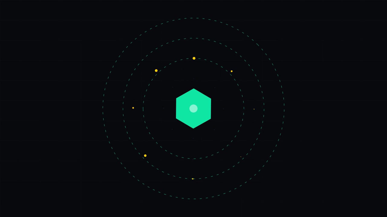 Abstract Motion Graphic of Rotating Hexagon and Orbiting Particles