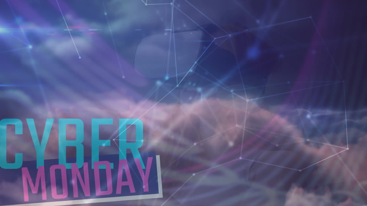 Animazione del testo "Cyber Monday" sopra una ragazza che indossa visori VR
