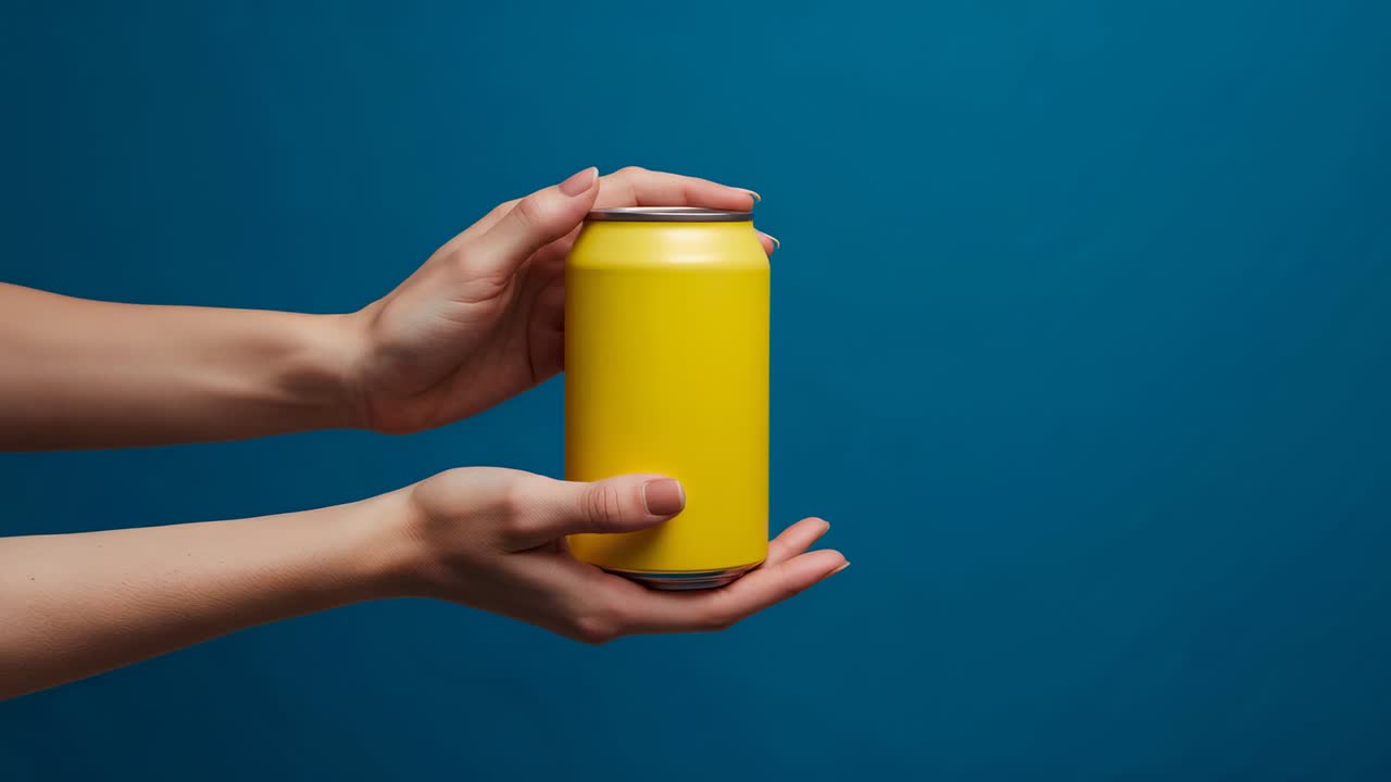 Entering frame hands positioning and adjusting yellow can against blue backdrop, for product shot