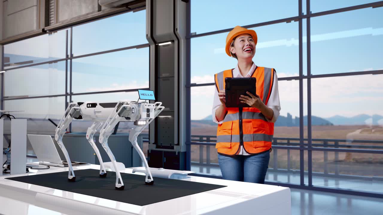 cuerpo lleno de ingeniera asiática con casco de seguridad mirando la tableta en su mano y mirando a su alrededor mientras estaba de pie en una fábrica de alta tecnología, analizando el concepto de máquina robótica