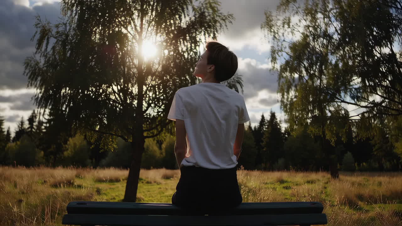 Woman Sitting on a Park Bench in Sunlight