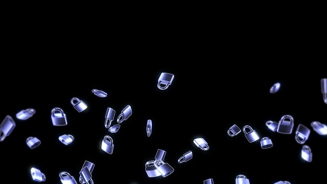 검은색 배경에 많은 은색 패들록을 날리는 보안 또는 비밀 보호 개념, 회전하는 패들록의 3d 애니메이션, 루프 애니메이션.