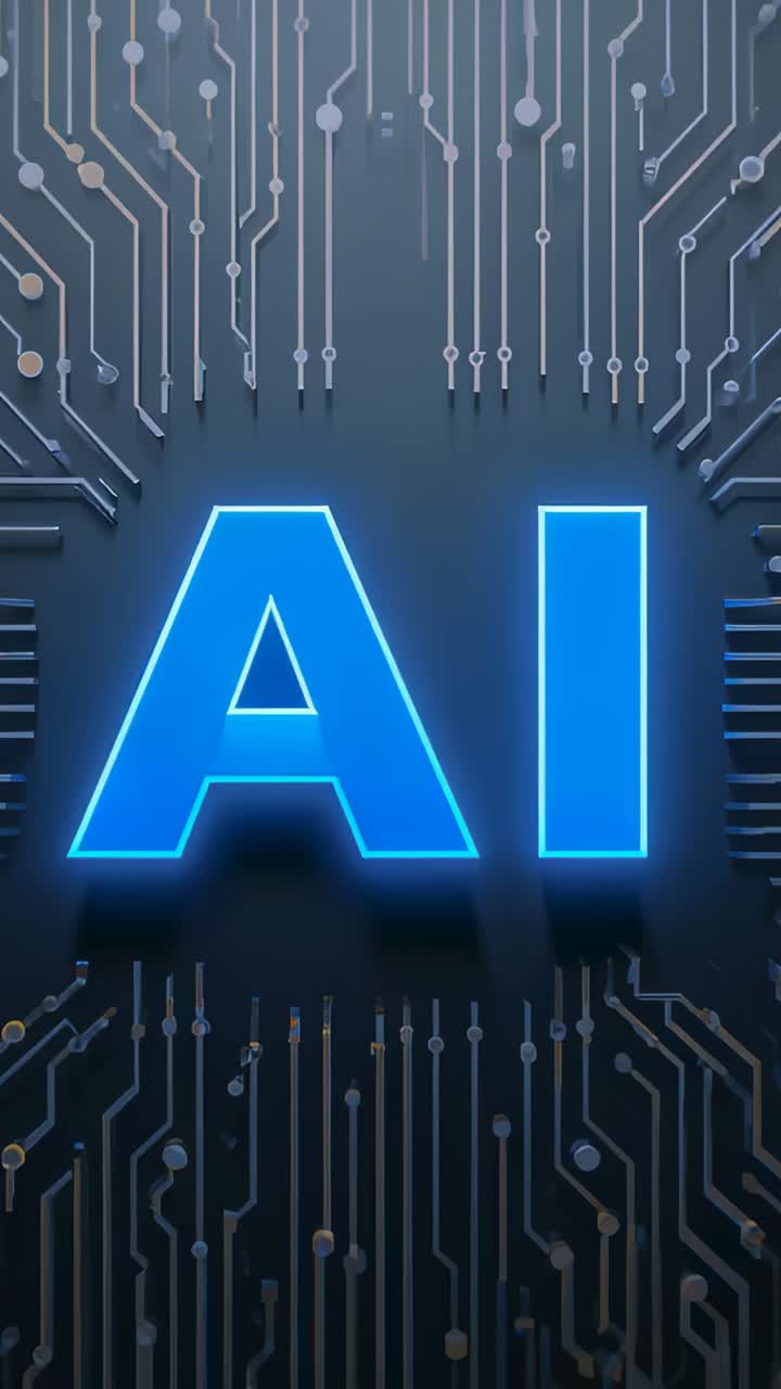 Vertical video: Loop starting glowing blue AI letters pulsing across circuit board traces and nodes