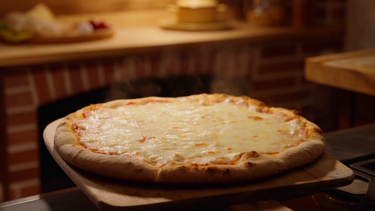 Stonebaked Cheese Pizza Fresh From Oven, Golden Bubbling Mozzarella, Rustic Brick Kitchen Background, Wooden