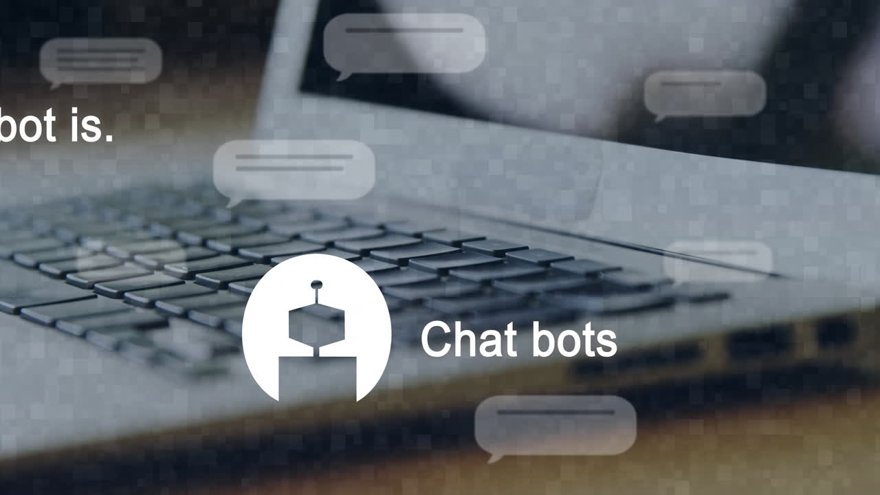 Animating chat bots over laptop keyboard with speech bubbles in colorful background