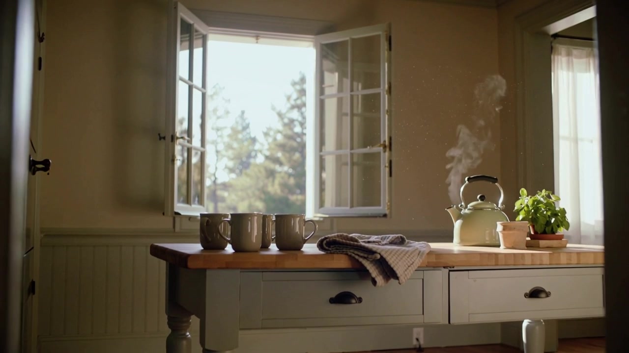 Showing kitchen island with three mugs, towel, herb, kettle starting to whistle, steaming for tea