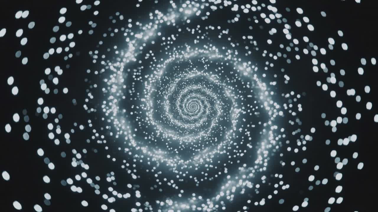 Pulsing spiral core and arms expanding after brightness pulse in dark void with luminous particles