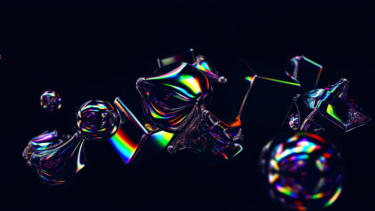 Formas Abstratas de Vidro Iridescente Flutuando em Fundo Preto.