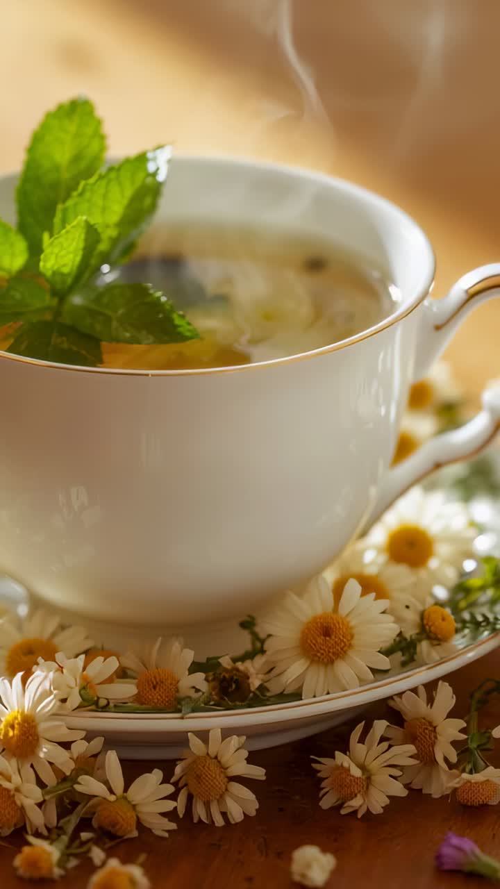 Video verticale: Tazza da tè con bordo dorato fumante che rilascia vapore su un tavolo con menta per un effetto rilassante