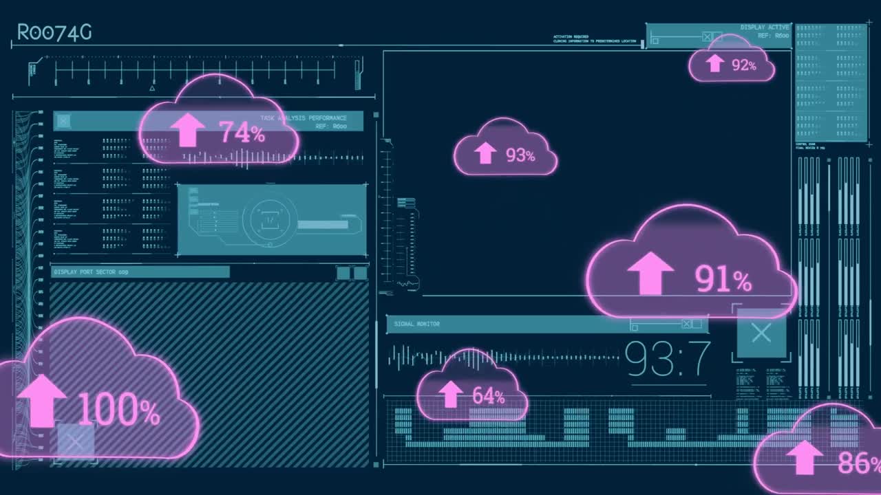 Animation of cloud icons and data processing over dark background