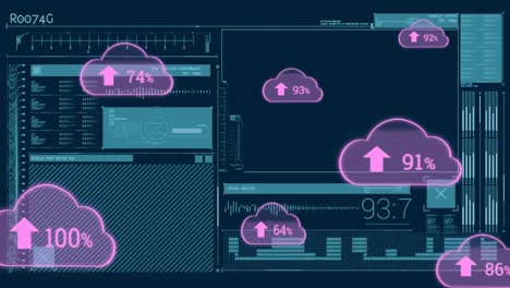 Animation-Von-Wolkensymbolen-Und-Datenverarbeitung-Auf-Dunklem-Hintergrund