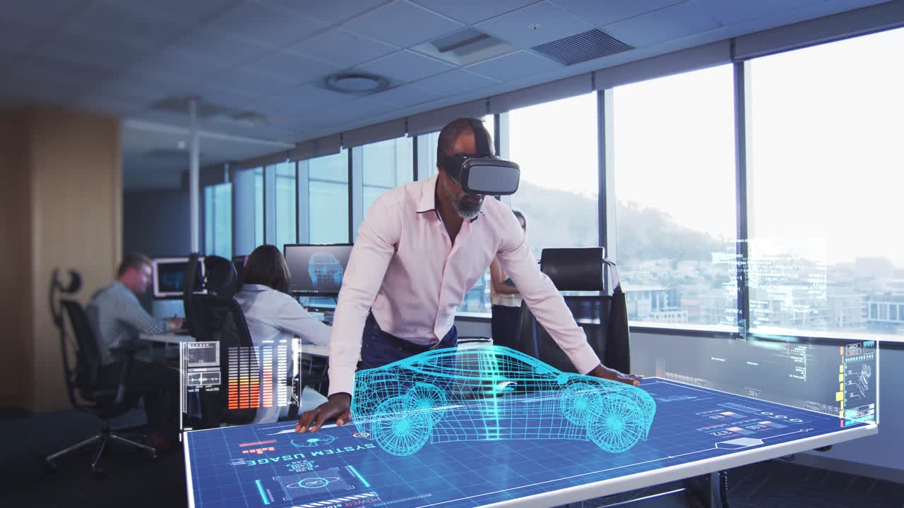 Animation of a businessman wearing a VR headset with a 3d plan on a table
