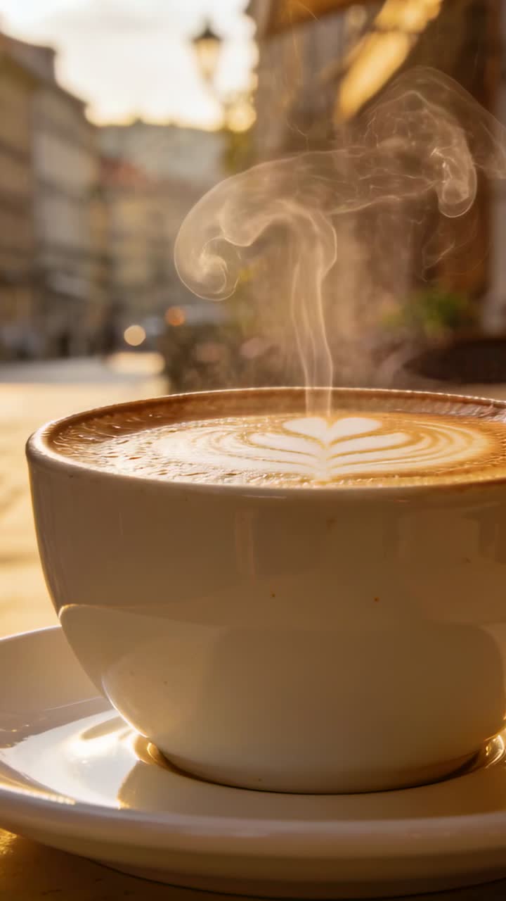 Vertikal video: Damp stiger fra varm latte i hvid kop ved gadebord, solbelyst rosetskum.