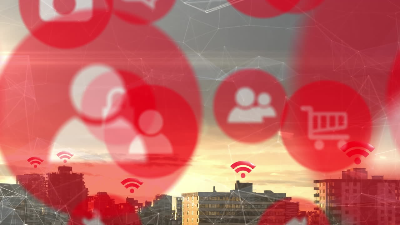 도시 풍경 위에 떠다니는 와이파이와 디지털 아이콘의 애니메이션