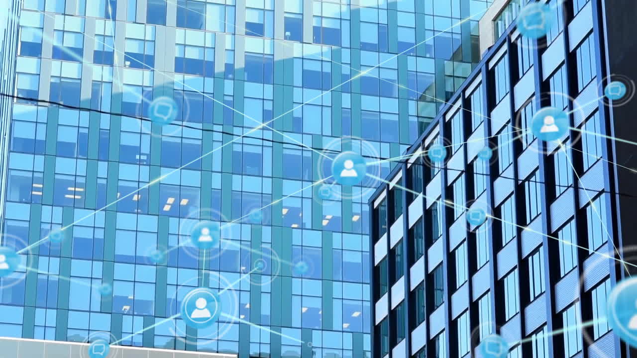 Network of connections and data processing animation over modern office buildings