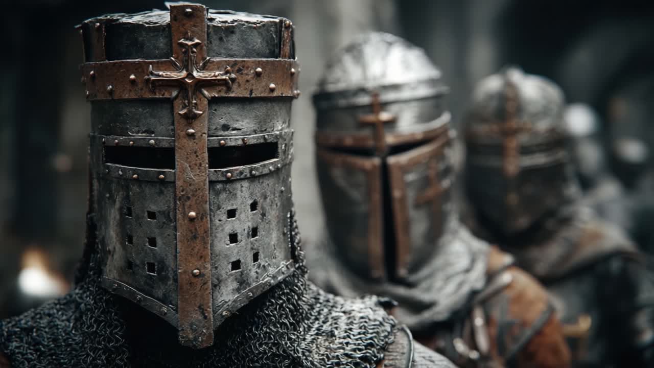 A group of armored knights in a medieval setting, showcasing their intricately designed helmets and chainmail, ready for battle in a dramatic and atmospheric backdrop