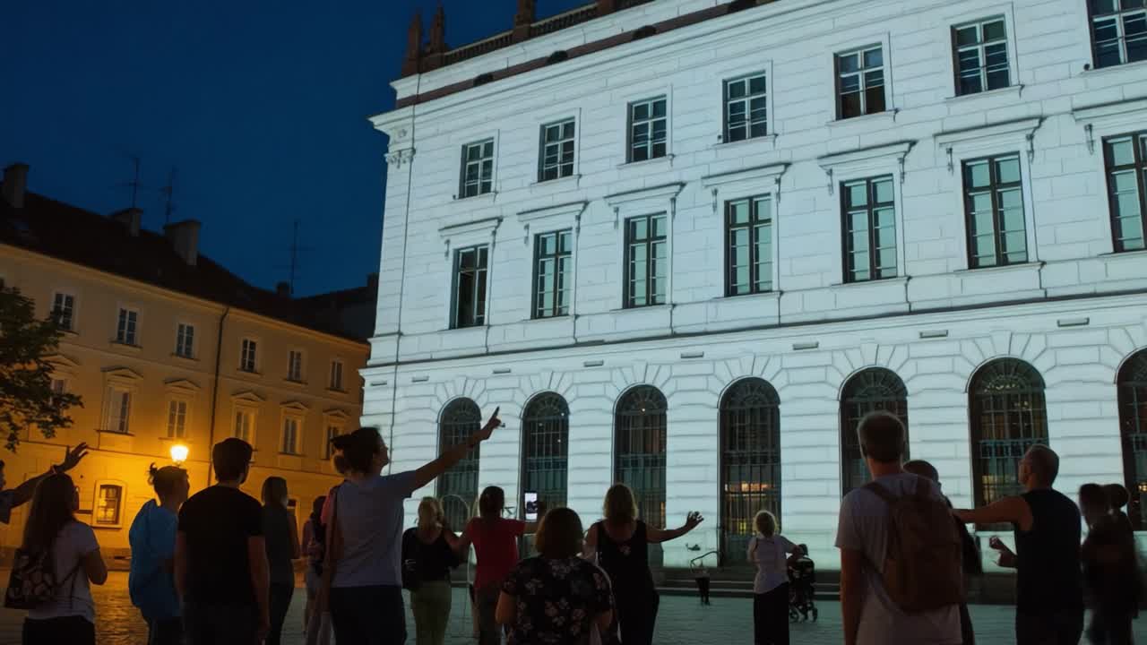 Spectacular Nighttime Projection Art Show: Community Members in Awe as Stunning Visuals Illuminate Historic Building Facades with Colorful Imagery and Engaging Designs