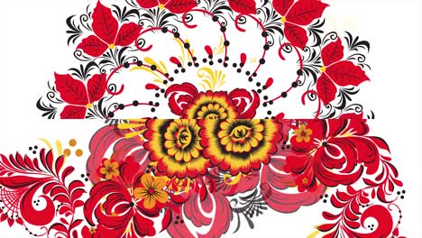 painting khokhloma russia of bright red flowers and berries on white background. abstract fractal transformation background. red khokhloma on a white background