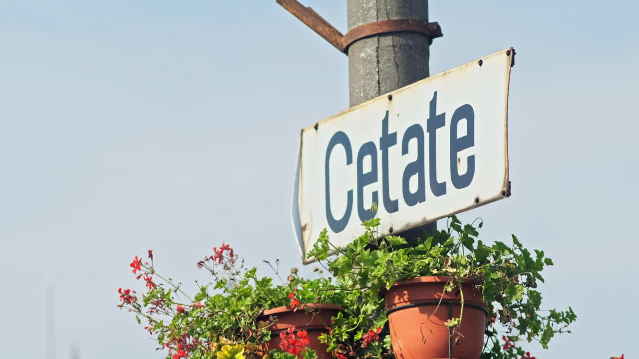 Sign on a post with flowers showing the direction to a fortress in Romania
