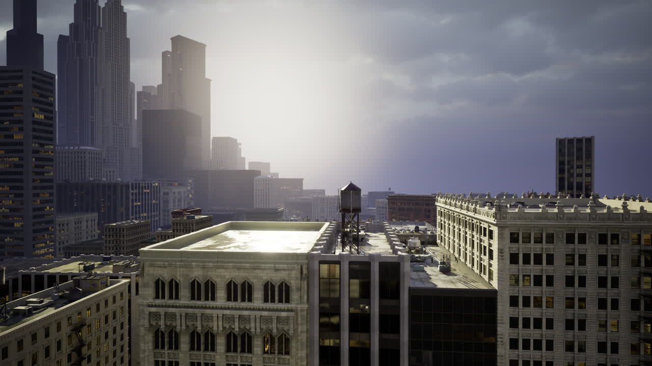 Urban skyline showcases dramatic sunset over cityscape with glowing horizon