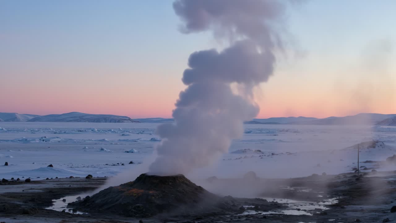 Majestic Geyser Erupting in Chilly Twilight: Captivating Scene of Nature's Power and Beauty Amidst a Snowy Landscape