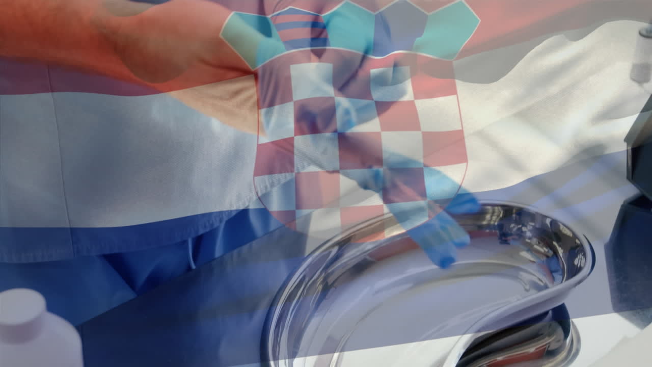 수술실에서 외과 의사 들 위 에 크로아티아 의  ⁇ 발 이 흔들리는 애니메이션