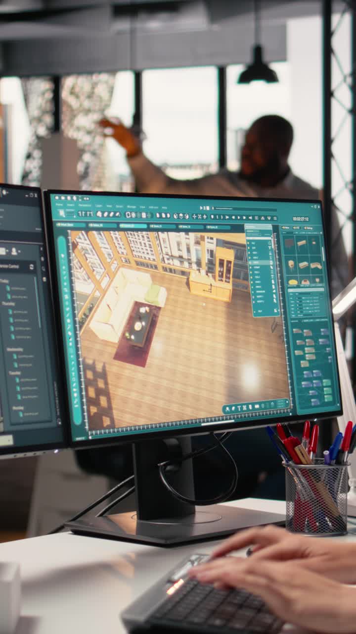 Vertical Video Real estate developer reviews architectural layouts on dual monitors