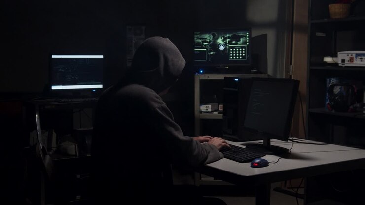 Hacker informatico che digita codice in una stanza sul retro