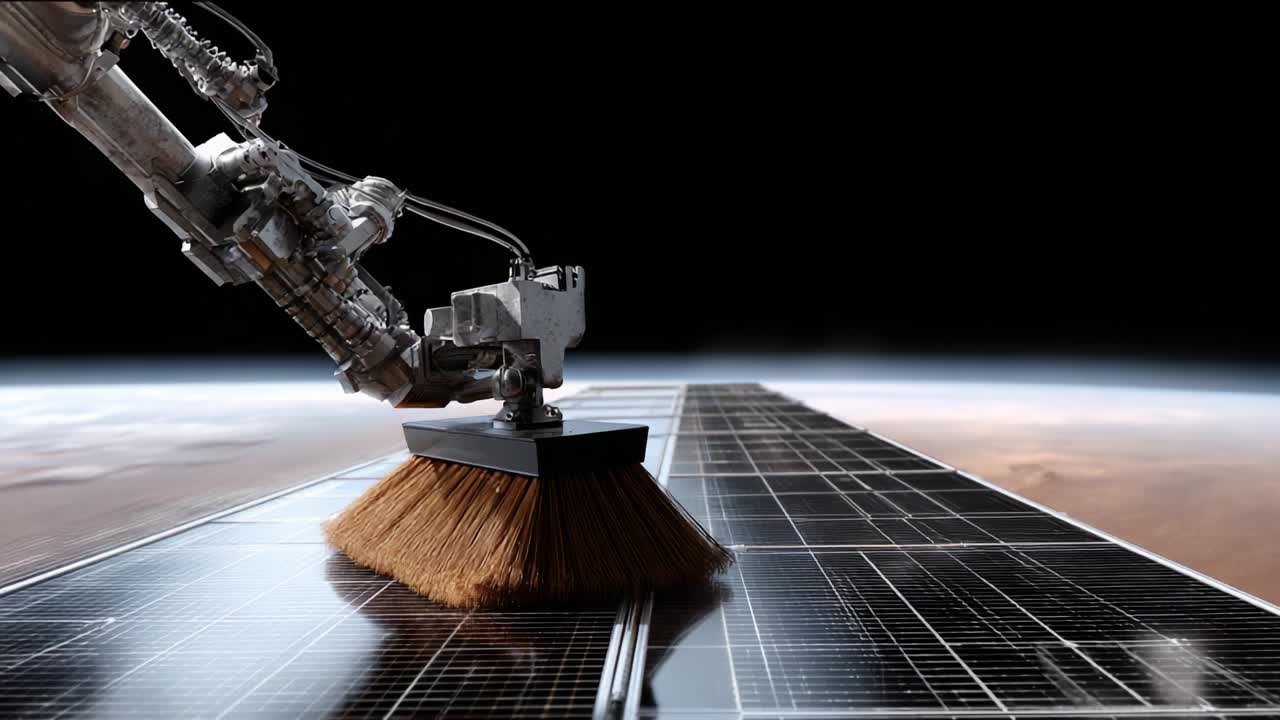 A robotic arm meticulously cleans a solar panel on an extraterrestrial surface, highlighting the importance of maintenance in space technology to ensure optimal energy production from solar resources